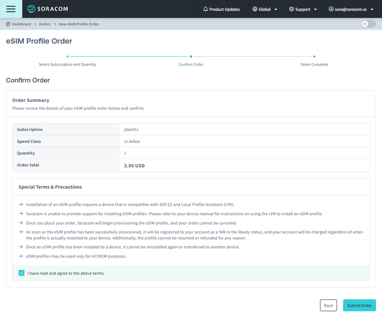 A screenshot of the submit order screen