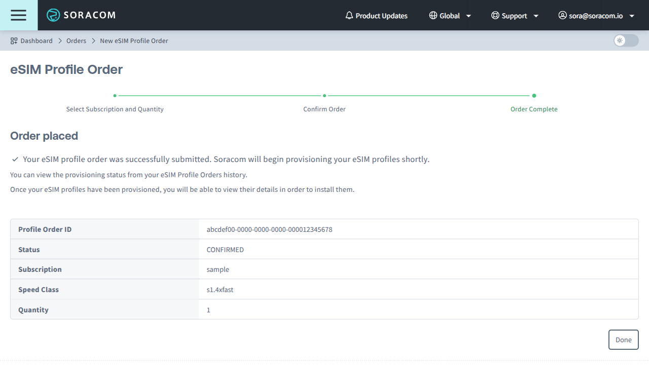 A screenshot of the order placed confirmation dialog