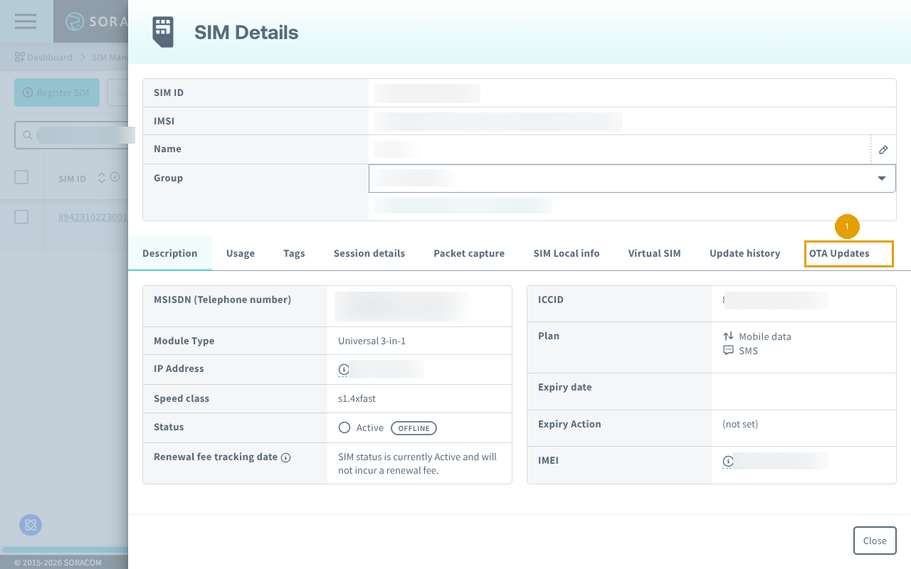 OTA Updates tab on SIM Details page