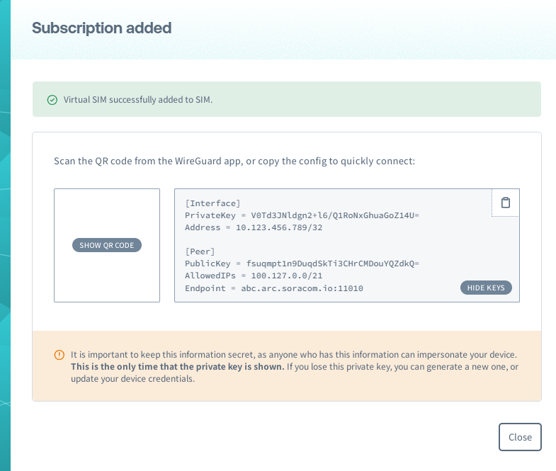 Subscription Container Virtual SIM settings