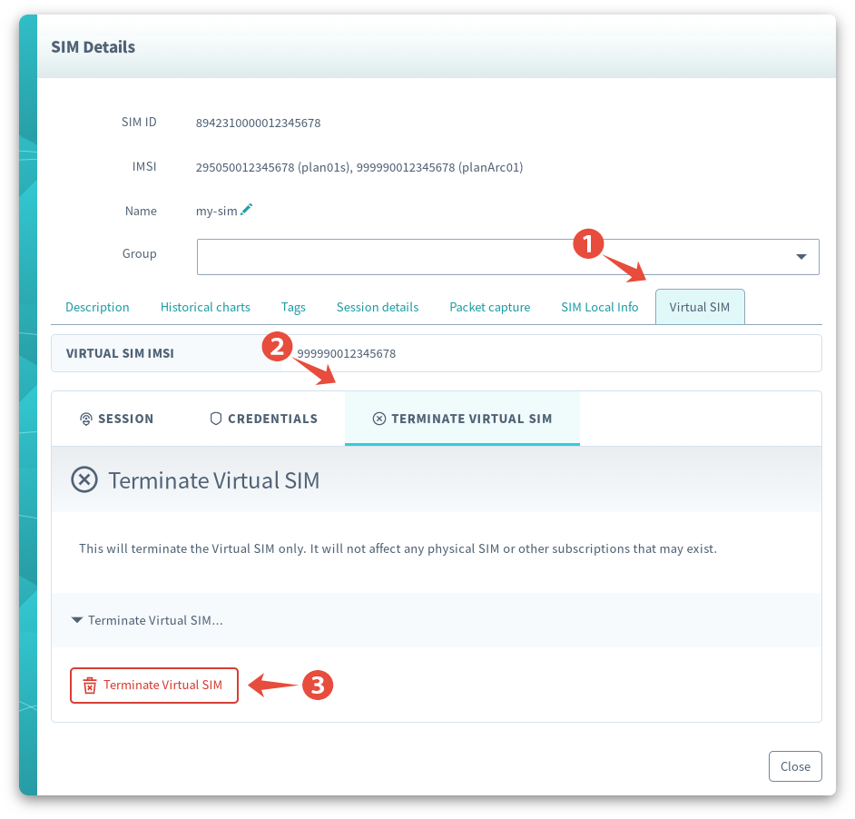 Terminate Subscription Container Virtual SIM