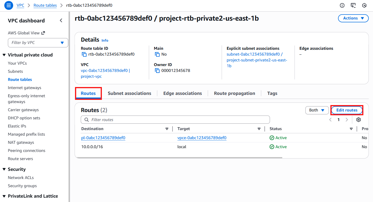 Route table details page with Routes tab and Edit routes button highlighted