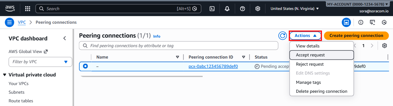 Actions menu with Accept Request option highlighted