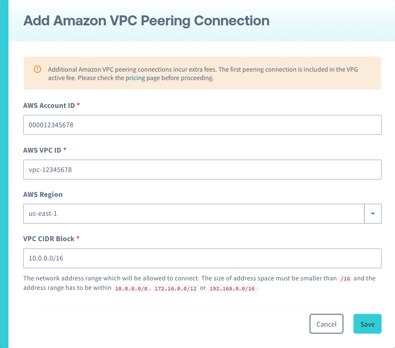 Enter peering connection details