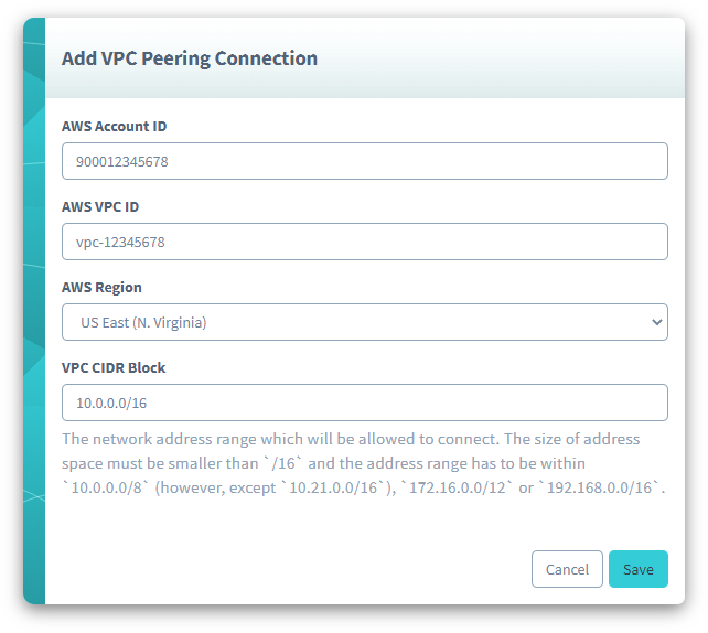 Enter peering connection details