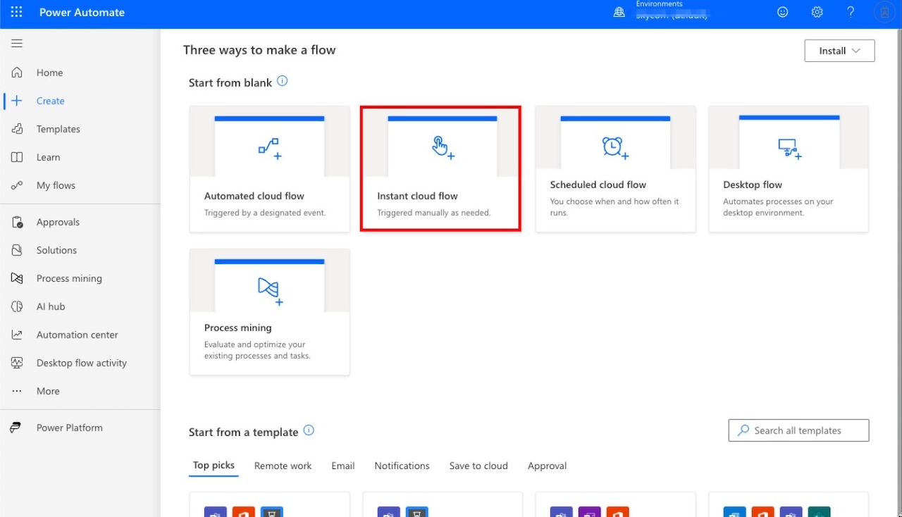 Screenshot illustrating how to select Instant cloud flow in Microsoft Power Automate.