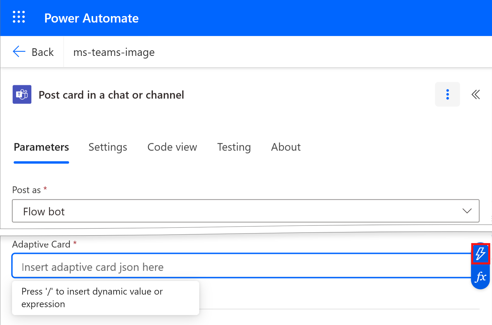 Screenshot highlighting the Adaptive Card button.