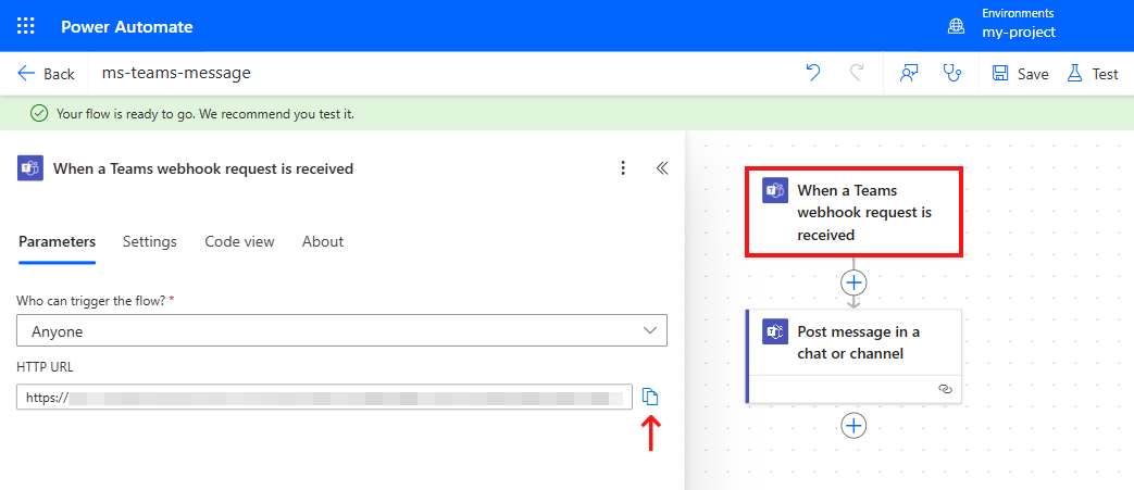 Screenshot emphasizing the HTTP URL field in the When an HTTP request is received trigger.