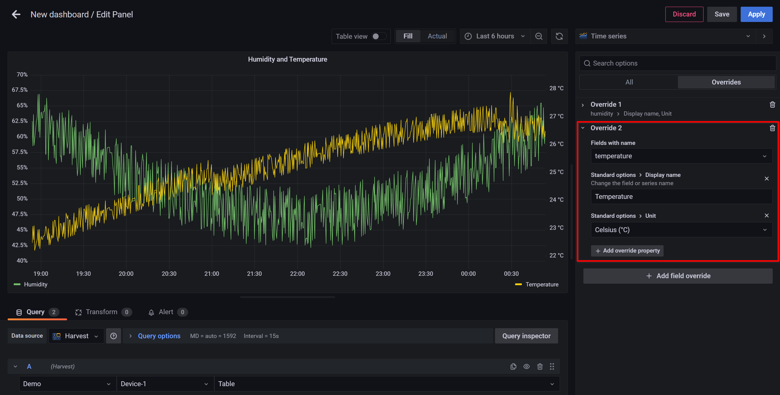 Set temperature display name and unit override