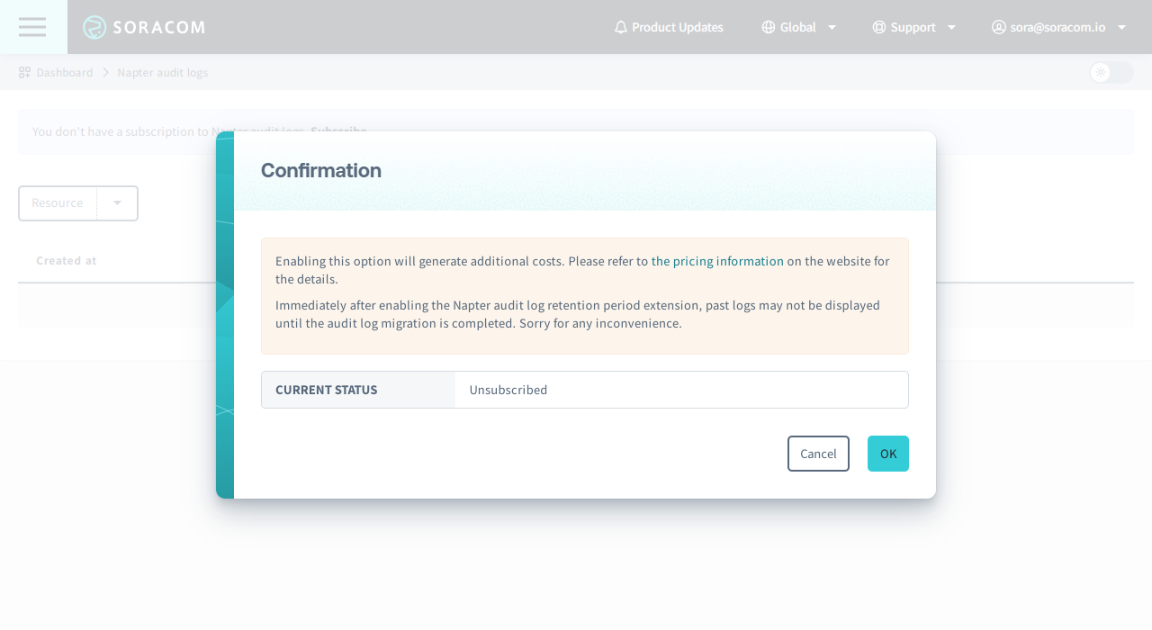 An image of the Napter Audit Logs Confirmation dialog showing Cancel and OK buttons