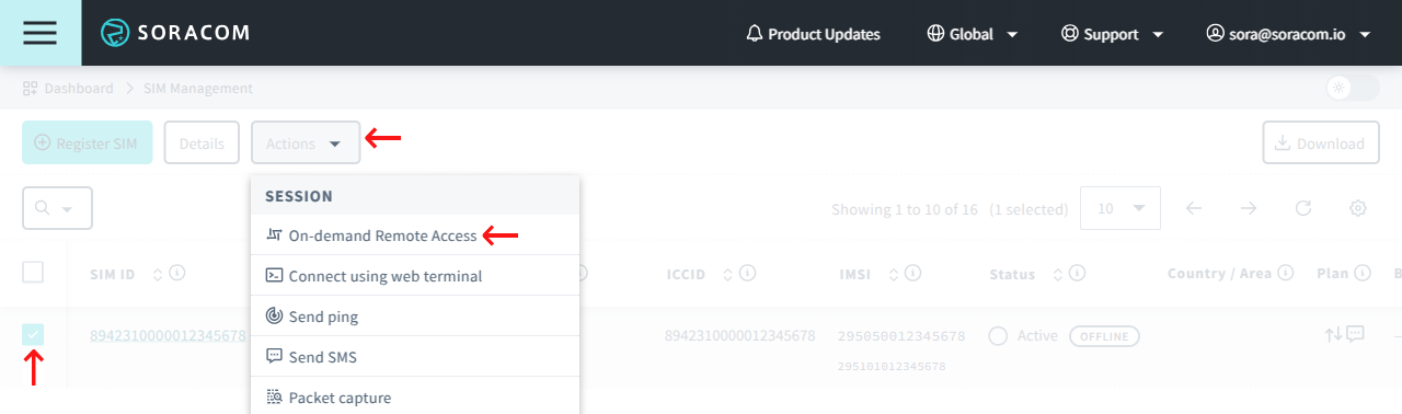 Soracom User Console with SIM selected and 'On-demand Remote Access' option highlighted in Actions menu