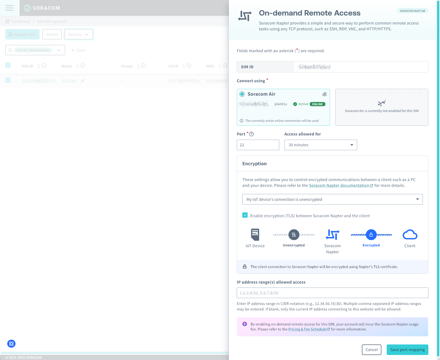 Soracom Napter configuration dialog for setting port, duration, IP address range, and encryption