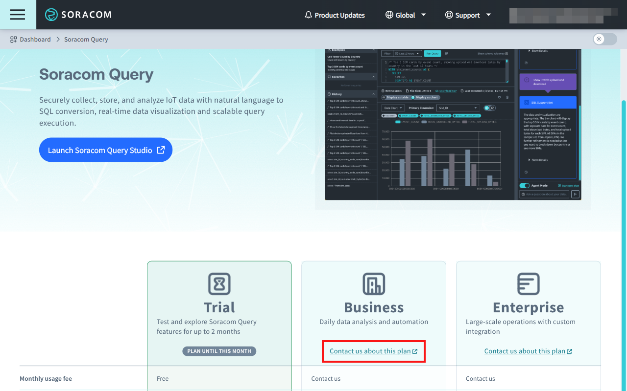 Screenshot of the link to contact Soracom for a Business plan