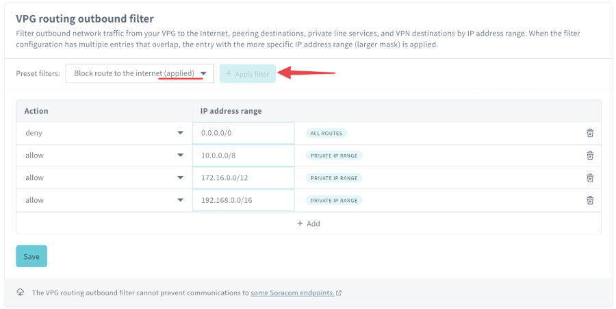 Screenshot showing the outbound routing filter applied preset