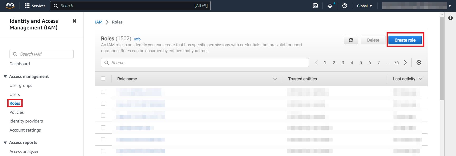 Create Role button in IAM console