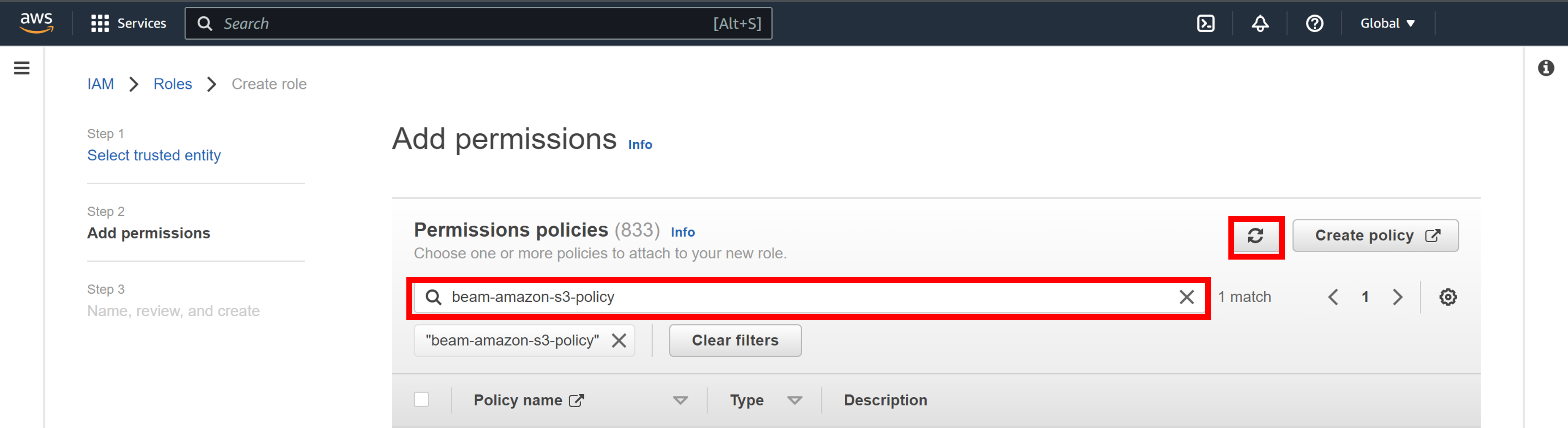 Reload and Select Created Policy