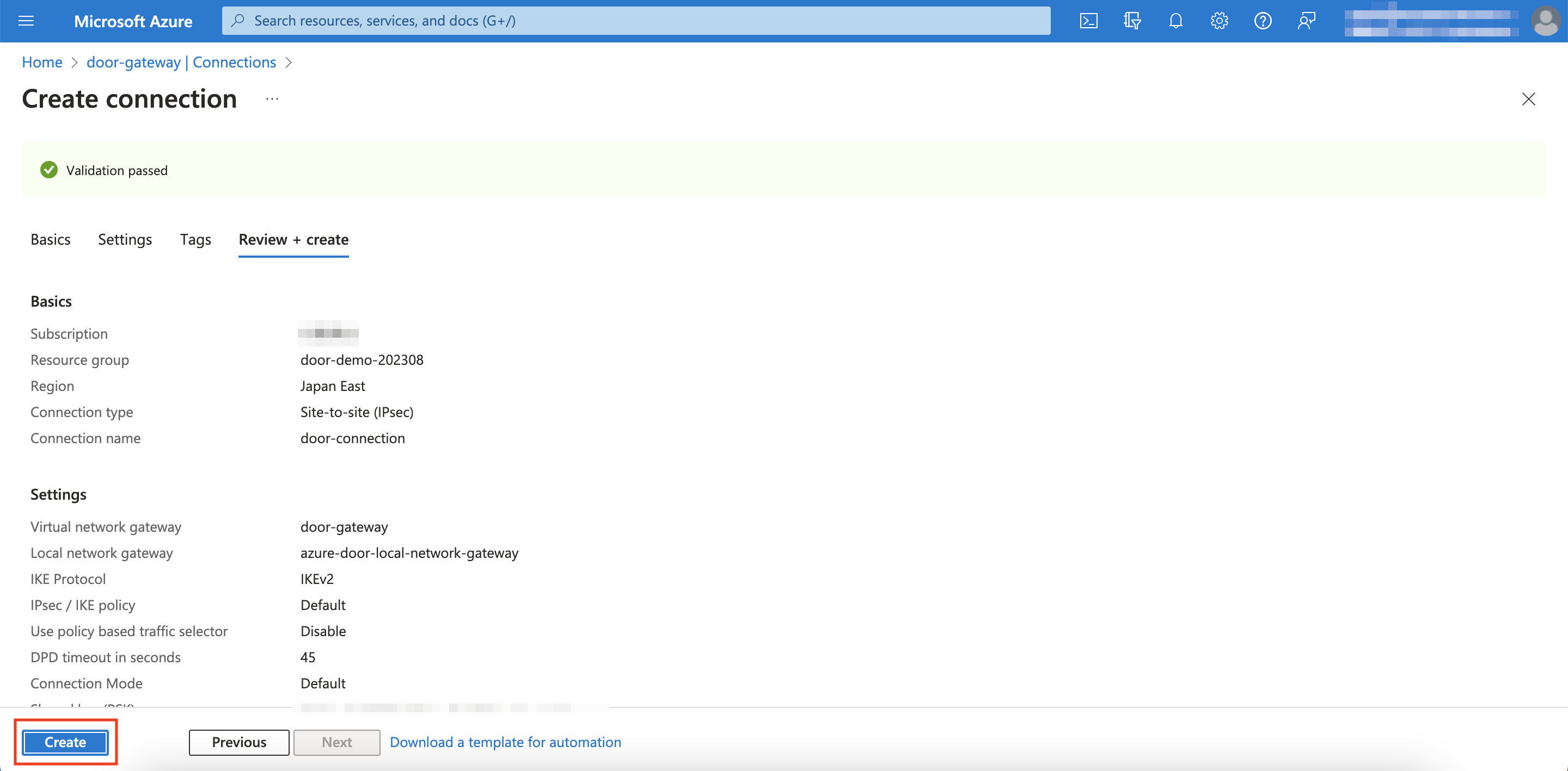 Create Connection Final Step