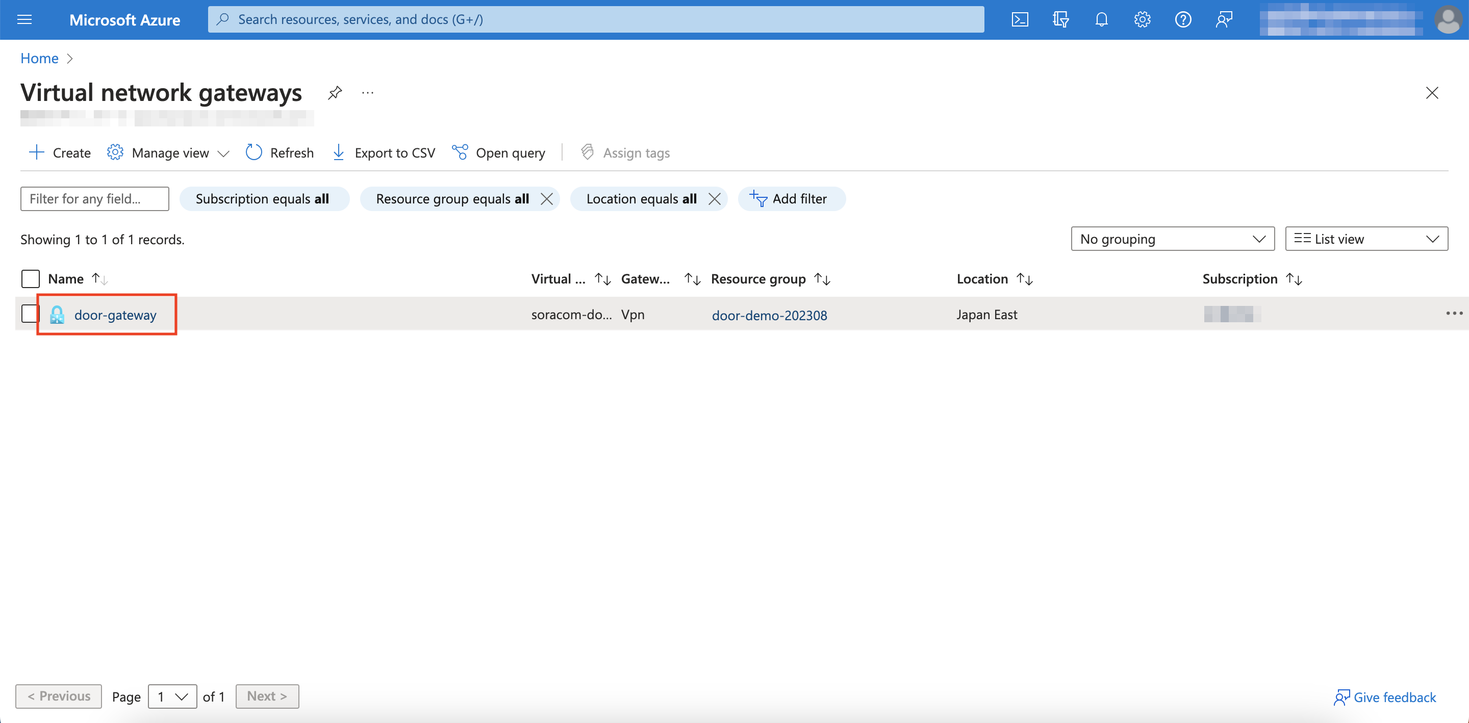 Select Virtual Network Gateway
