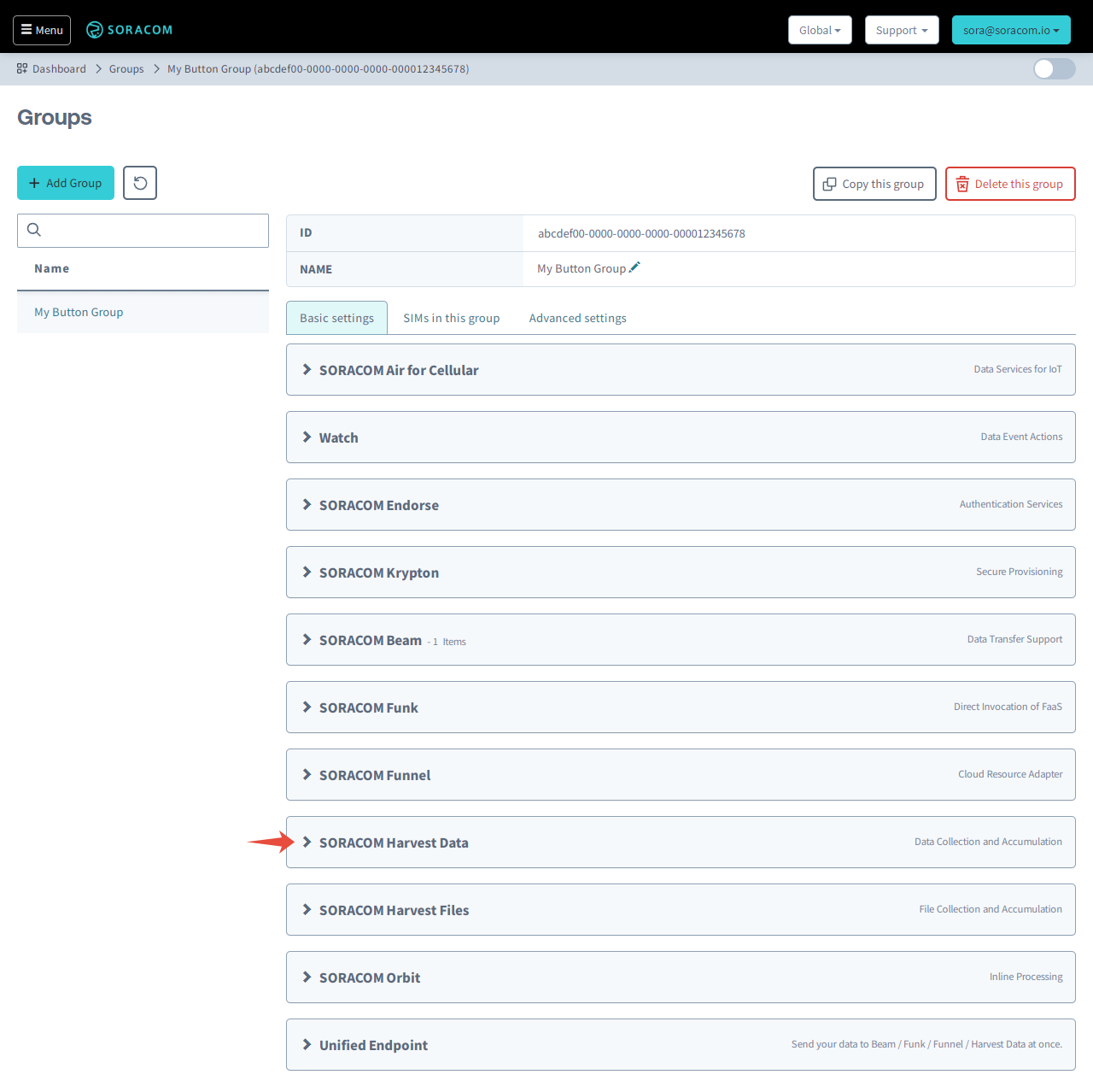 Soracom Harvest Data settings