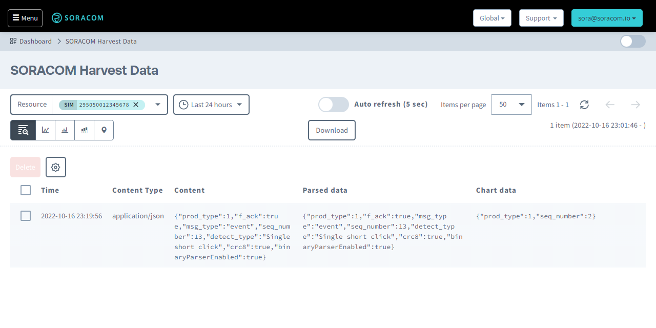 Harvest Data displaying the button data in JSON format