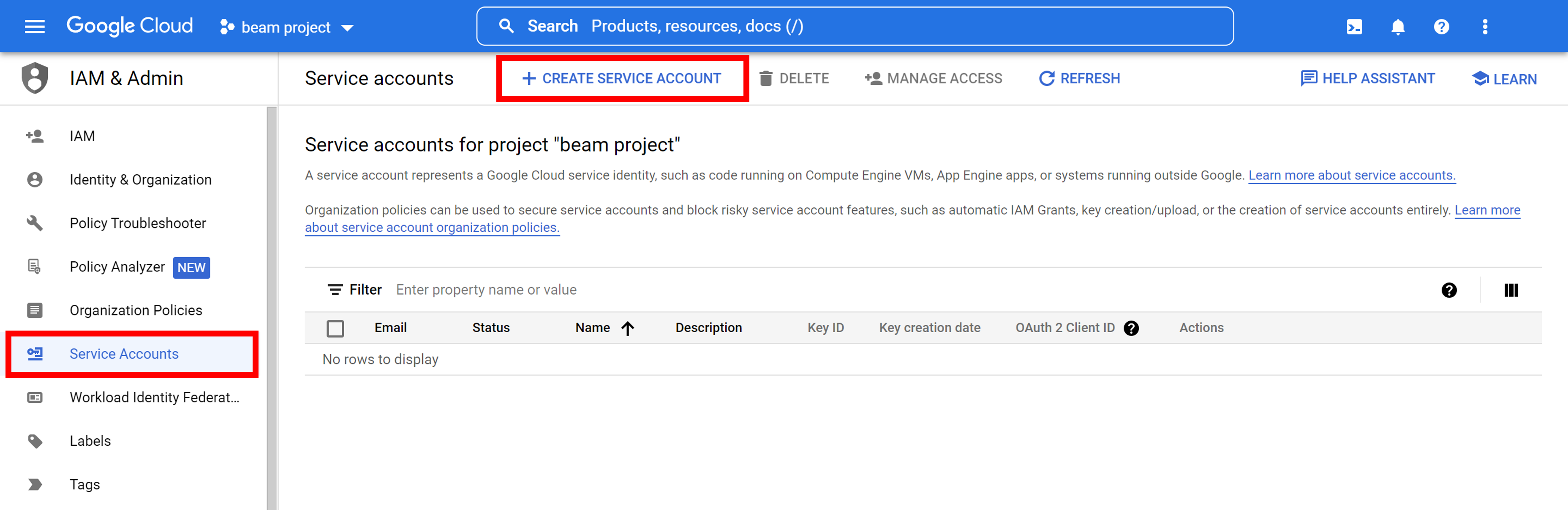 Create Service Account Button