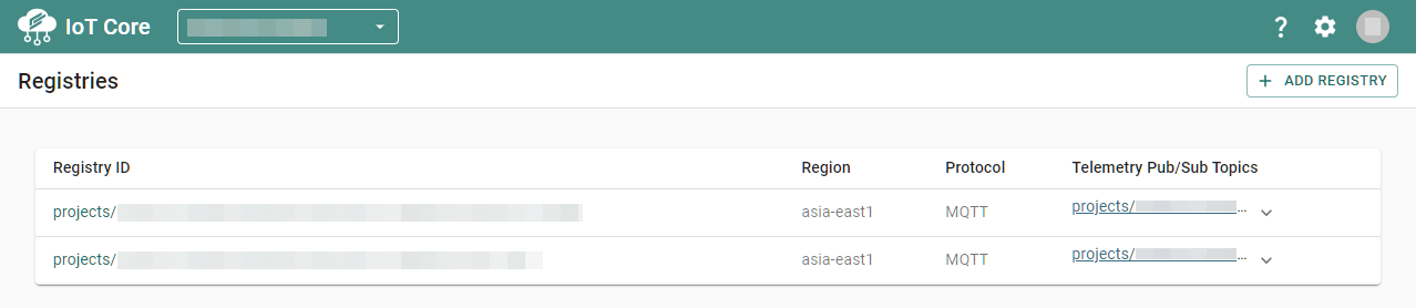 ClearBlade Cloud Console showing Registry