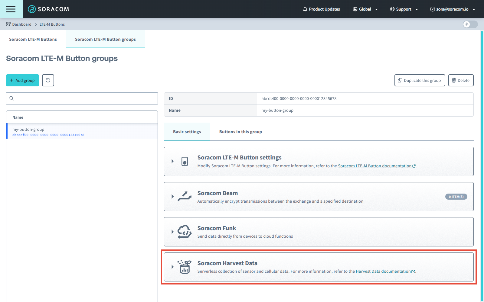 Soracom Harvest Data settings