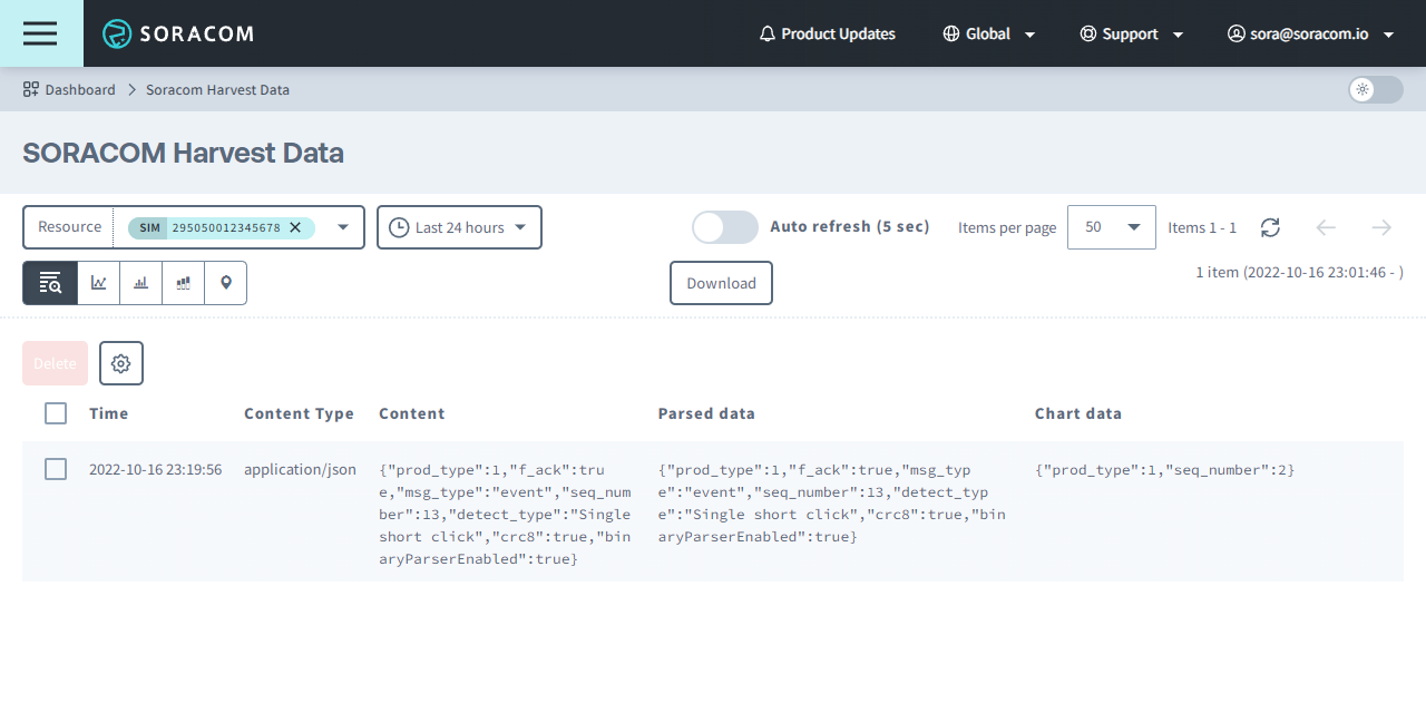 Harvest Data displaying the button data in JSON format