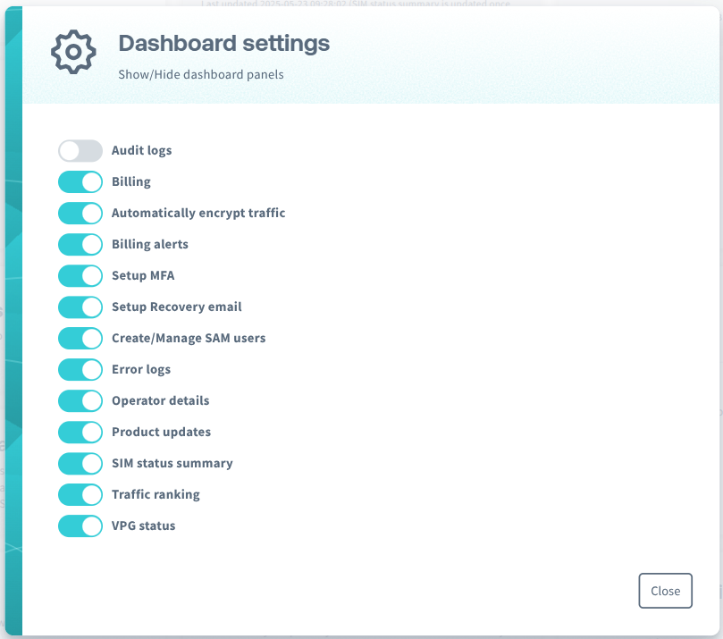 Screenshot of Dashboard settings